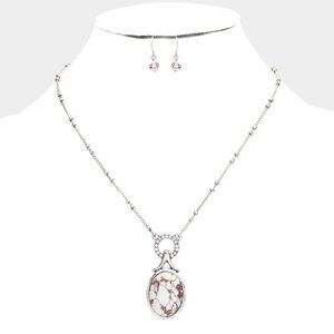 NEW Bohemian White Marble Oval Natural Stone Pendant Necklace Set